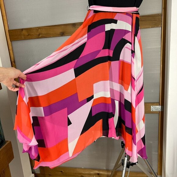 SLNY Black Scoop Neck Cap Sleeve Chiffon Multicolor Asymmetrical Maxi Dress Sz8 - Picture 9 of 16